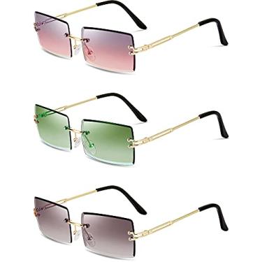 Imagem de Weewooday 3 pares de óculos de sol retangulares sem aro matizados sem moldura vintage transparente retangular Y2K óculos para mulheres e homens (cinza, rosa, verde escuro, cinza gradiente)