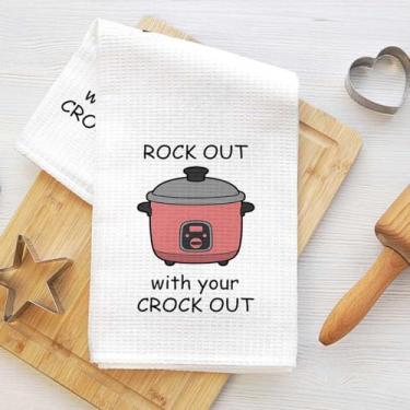 Imagem de Toalhas de cozinha bem-humoradas, rock out with your crock out pano de prato decorativo de microfibra absorvente toalha de chá, toalhas de mão waffle para cozinha, casa, banheiro, presentes para