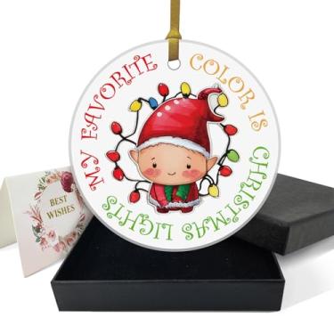 Imagem de REWIDPARTY Enfeites de Natal engraçados - My Favorite Color Is Christmas Lights - Enfeite redondo de cerâmica de 7,6 cm com fita dourada, caixa de presente - Presentes divertidos de decoração de Natal