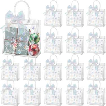 Imagem de Henoyso 36 peças de sacos de presente transparentes de floco de neve, PVC, Natal, inverno, festas, lembrancinhas, sacolas de plástico para doces com alças e fita, 19 x 19 x 7,8 cm (flocos de neve