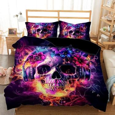 Imagem de AILONEN Conjunto de capa de edredom de caveira de açúcar, tamanho Queen, roxo, esfumaçado, floral, música, caveira, para crianças, meninos, capa de edredom com esqueleto preto com 2 fronhas, 3 peças
