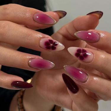 Imagem de Unhas postiças de amêndoa média amêndoa francesa ombré rosa vermelha com flor simples Desien cobertura completa cola acrílica falsa em unha para mulheres, 24 peças