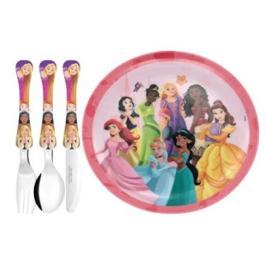 Imagem de Yangzi - Jogo Refeição Infantil Princesas Disney 4 Peças Prato Melamina e Talheres Aço Inox