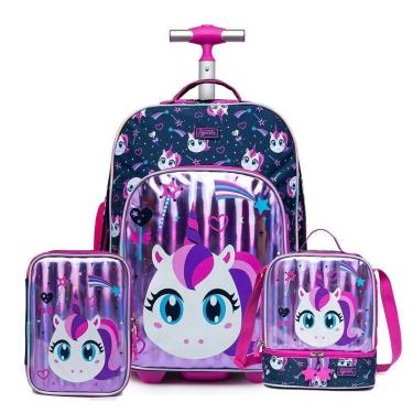 Imagem de Kit Mochila de Rodinhas + Lancheira + Estojo Spector Tubarão Infantil Escolar-Feminino