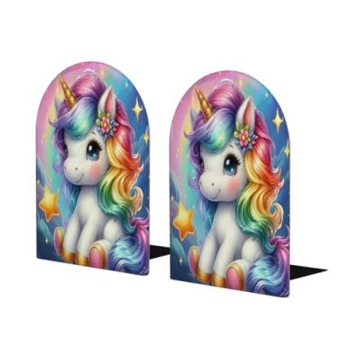 Imagem de Arco-íris adorável unicórnio grande suporte de livros de madeira decorativo antiderrapante resistente terminais de livros para escritório mesa de escritório em casa biblioteca escola estudo decoração