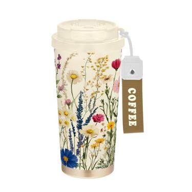 Imagem de SEHANY Caneca de viagem colorida de ervas silvestres de 500 ml Copos de café reutilizáveis revestidos de cerâmica com tampa à prova de vazamento, parede dupla, isolamento a vácuo, copo de café de aço