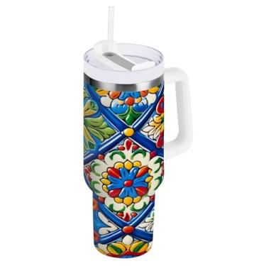 Imagem de Blueangle Copo isolado de 1,134 g com alça e tampa de canudo - Caneca de viagem de aço inoxidável à prova de vazamento, garrafa de água de cerâmica mexicana a vácuo de parede dupla (548)