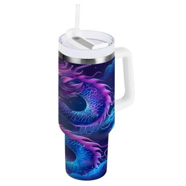 Imagem de xigua Copo vintage com estampa de dragão de 850 g com tampa e canudo, aço inoxidável de vácuo duplo isolado garrafa de água esportiva suporte para copo de café de viagem à prova de vazamento para