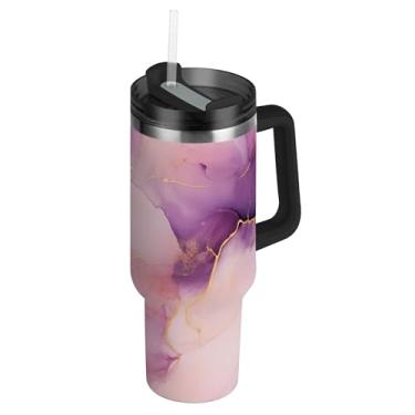 Imagem de SEHANY Copo de mármore roxo de 850 g com tampa e canudo, aço inoxidável de vácuo duplo isolado garrafa de água esportiva suporte para copo de café de viagem à prova de vazamento para bebida gelada