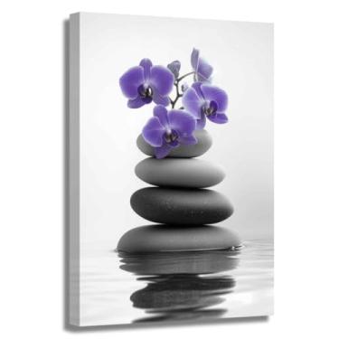 Imagem de ZSHARTSWD Arte de parede Zen Orquídea Flores e Pedras Zen na água Imagens Spa Banheiro Impressão em Tela Pintura Floral para Sala de Ioga Escritório Decoração de Casa Emoldurada (Roxo, 45.7 cm x 30.5