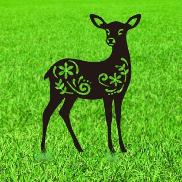Imagem de WADORN Silhueta de estátuas de metal de veado ao ar livre, estacas de jardim decorativas de metal de rena silhueta de flor de animal engraçado decoração para jardim abraçar quintal, pátio, gramado,