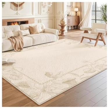 Imagem de SPXMQSS Tapetes grandes para sala de estar, bege, floral, lavável, tapete macio, antiderrapante e resistente a manchas para quarto, sala de estar, quarto, sala de jantar, altura 200 x 300 cm