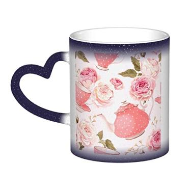 Imagem de Xícaras de chá com rosas românticas gastas e divertidas, xícara de cerâmica mágica sensível ao calor que muda de cor 12 Oz, para café/chá/leite/cacau, para adolescente/aniversário/festival/presentes