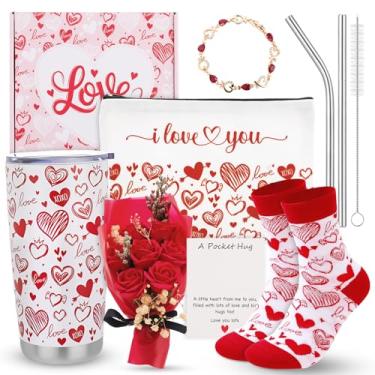 Imagem de Ovveroche Presentes de Dia dos Namorados para Ela Conjunto de Presente Romântico Inclui Copo de 590 ml com Tampa Palha Buquê de Rosa Meias Pulseira Cartão de Agradecimento Caixa de Presente para