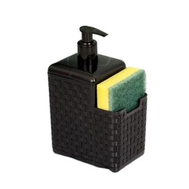 Imagem de Porta Detergente Rattan Preto com Bico Dosador e Suporte para Esponja – Organizador de Pia Campeão de Vendas