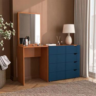 Imagem de Cômoda com Espelho Porto 4 Gavetas Freijó e Azul - Modern