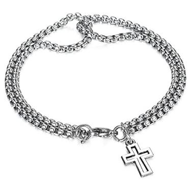 Imagem de Caiyao Pulseira com pingente de cruz de aço inoxidável para homens, mulheres, meninos, meninas, adolescentes, presente de Natal, One Size, Metal, Liga metálica