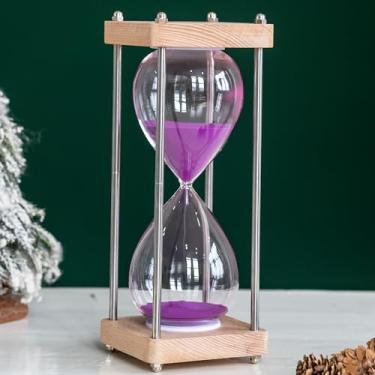 Imagem de Ampulheta grande de 60 minutos, com vidro transparente e base de madeira de carvalho natural, decoração de mesa de escritório minimalista moderna (roxo)