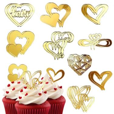 Imagem de Enfeite de bolo de acrílico dourado coração minimalista decorações de cupcake para dia dos namorados, aniversário, festa de aniversário