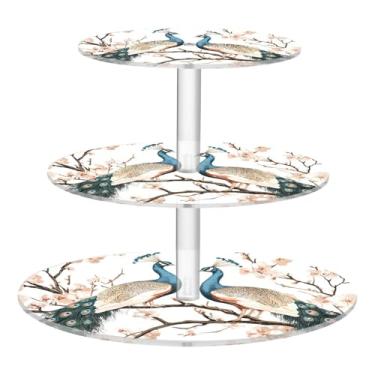 Imagem de CEBUGI Suporte de cupcake de 3 níveis com flores de pavão redondo, suporte para bolo, torre, bandeja de servir em camadas de acrílico para chá, chá de bebê, casamento e mais