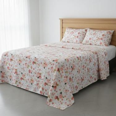 Imagem de RAVATEX, Jogo de Cama Casal Percal 200 Fios Estampado Toque Macio 04 Peças Supercal Rosa Sereno