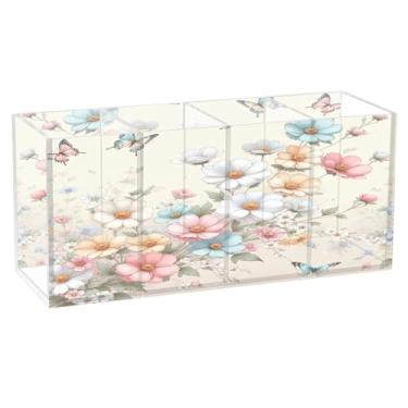 Imagem de Burbuja Porta-canetas de acrílico florescendo borboletas com 4 compartimentos, suporte de lápis transparente para pincéis de maquiagem, acessórios de mesa de escritório em casa