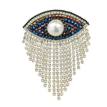 Imagem de YYBONNIE Broche de olho turco com corrente de cascata de strass, broche de lapela boêmio para festa de casamento, corpete de olho vintage feito à mão, Large, Latão Resina, Zircônia cúbica