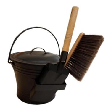 Imagem de Ｂｅｓｇａ Balde para cinzas de lareira com pá e vassoura de mão, portátil, utensílio essencial para limpeza de cinzas, em metal, para uso interno e externo.