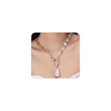 Imagem de Colar feminino com pingente de pérola com corrente de ouro irregular, barroco, contas com elos grossos, clipe de papel, gargantilha com coração quadrado, joia charmosa, Large, Liga de aço, Sem Pedra