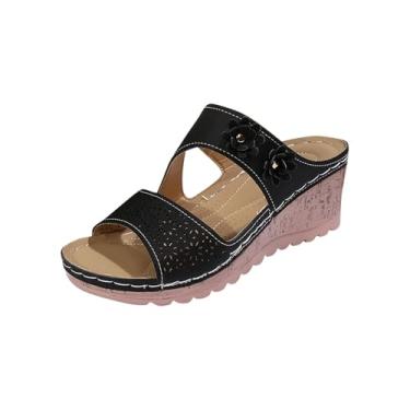 Imagem de Chinelos femininos de sola grossa, uma linha, design de flor, sandálias de praia com salto anabela, casual, verão, Preto, 34