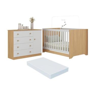 Imagem de Berço Americano 3 em 1 com Colchão Incluso e Cômoda 1 Porta 4 Gavetas Encanto Multimóveis Mp4695 Madeirado/branco