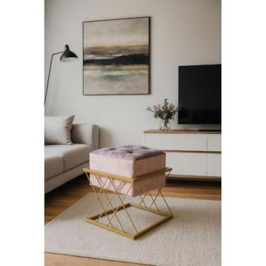 Imagem de Puff Banqueta Quadrado em Veludo com Base de Ferro – Puff Decorativo para Sala Quarto e Escritório (Azul,Preto)