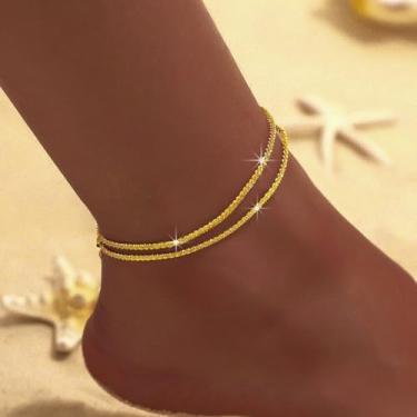 Imagem de Tornozeleira de céu estrelado cintilante para mulheres, pulseira de tornozelo de corrente de luxo minimalista, joia delicada inspirada em cristais com glitter, leve, presente de viagem na praia, moda