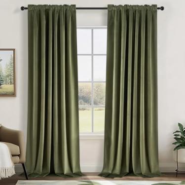 Imagem de Cortinas blackout de veludo de 244 cm de comprimento, verde-oliva, boho, luxuosa, decorativas, bloqueadoras de luz, tratamento de janela para sala de estar, quarto, trilhos de cortina de veludo grosso