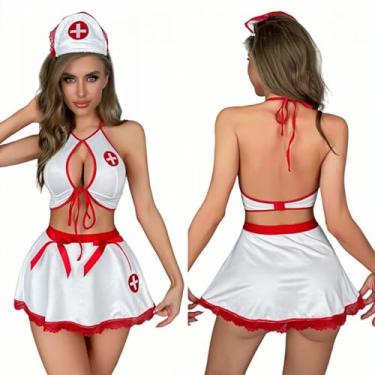 Imagem de YITMGDD Fantasia de enfermeira sexy para mulheres, lingerie de enfermeira, fantasias de Halloween, cosplay, lingerie com acessório para a cabeça