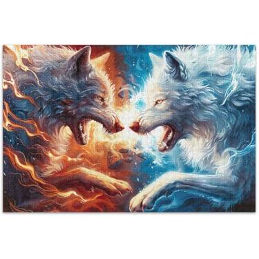 Imagem de Quebra-cabeça Two Wolves Fight with Fire and Flames 500 peças para adultos, jogos engraçados, presentes para adultos, decoração de pintura de brinquedo