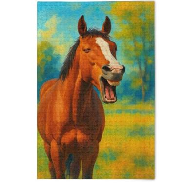 Imagem de Quebra-cabeça adulto 500 peças arte engraçada cavalo marrom família elefantes brancos presentes arte quebra-cabeças duros pintura animal fofo, 500 peças, 52 cm x 37,8 cm