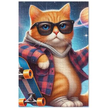 Imagem de Quebra-cabeça legal gato skate gatinho 500 peças adultos jogo tecnologia presentes arte quebra-cabeça família brinquedo obra de arte, 20,5 x 14,9 polegadas