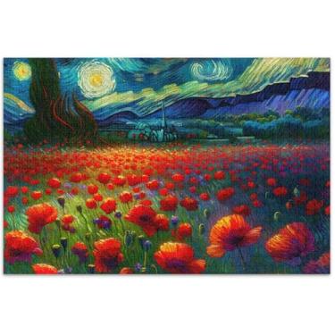 Imagem de Quebra-cabeça personalizado de flores de papoula noite estrelada 1000 peças adultos família quebra-cabeça amantes presentes natureza quebra-cabeça flor pintura animal, 75 x 40 centímetros