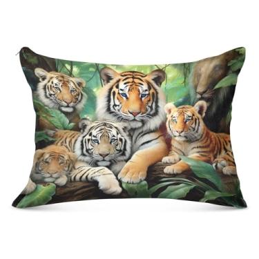 Imagem de Fronhas decorativas Tiger Family Jungle com zíper padrão Queen King Size fronha premium para cama de sofá de casa, tamanho Queen, 50,8 cm x 76,2 cm