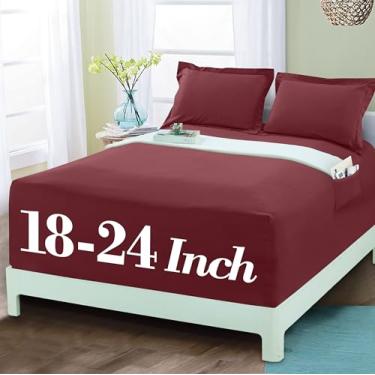 Imagem de Mocassi Lençol com elástico luxuoso 1800 premium de qualidade de hotel – Ultramacio, microfibra resistente a vincos 45,7 a 61 cm, bolso extra profundo com bolsos de armazenamento, Queen, vinho