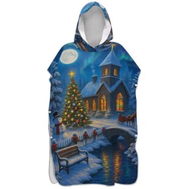 Imagem de Joisal Poncho de surfe trocador de roupão para adultos praia moletom com capuz toalha natação plus size homens mulheres poncho com capuz neve cena de vila de Natal