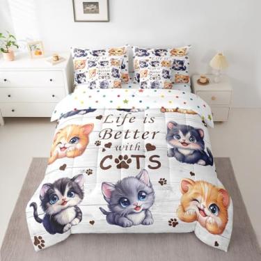 Imagem de Erosebridal Jogo de cama casal com estampa de gato, 7 peças, para amantes de gatos, fofo, temática de gato, com lençol kawaii, para meninos e meninas