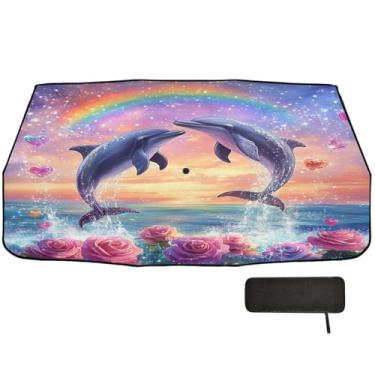 Imagem de Dolphins Under Rainbow Sun Shade Para-brisa Proteção de Isolamento Térmico Guarda-chuva de Carro 147.3 cm x 75.4 cm Persianas de Janela de Caminhão