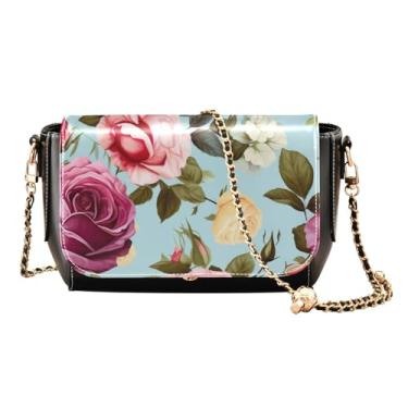 Imagem de GAIGEO Bolsa tiracolo feminina de couro de flor azul e branca, bolsa transversal para mulheres, bolsa de ombro média, Floral de seda com rosas - 2, One Size