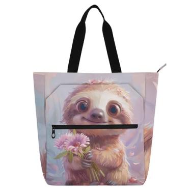 Imagem de GAIGEO Linda bolsa feminina de desenho de preguiça para trabalho, lona, praia, livros, bolsa com zíper, professores, amantes de livros