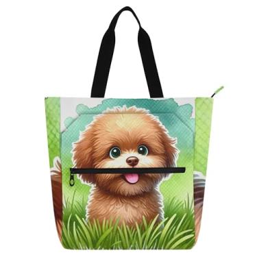 Imagem de GAIGEO Linda bolsa de mão marrom com desenho animado de cachorro para crianças e mulheres, escola, trabalho, viagem, bolsa de lona com zíper