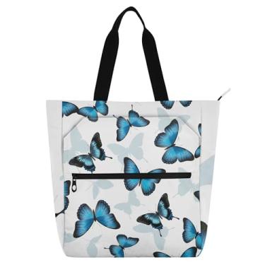 Imagem de Bolsa feminina preta azul borboletas brancas bolsa de trabalho de lona bolsas de tecido universitárias professores bolsas para amantes de livros presentes