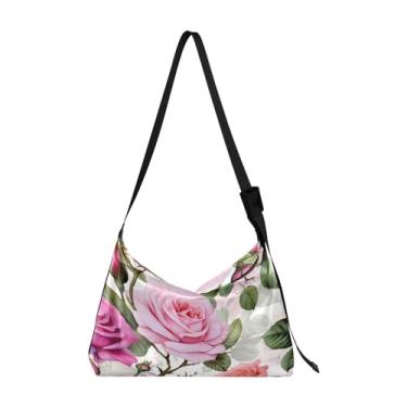 Imagem de Bolsa tiracolo de couro com pintura abstrata dourada e preta branca, bolsas Hobo grandes para mulheres, Rosas coloridas em aquarela - 3, One Size