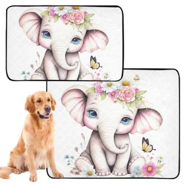 Imagem de Elefante primavera floral lavável para animais de estimação, tapete impermeável para cercadinho reutilizável para animais de estimação, almofadas absorventes para cães, médio + grande, conjunto de 2